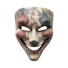 Sinister clown mask with exaggerated red smile, creepy face paint and horror design, isolated transparent background