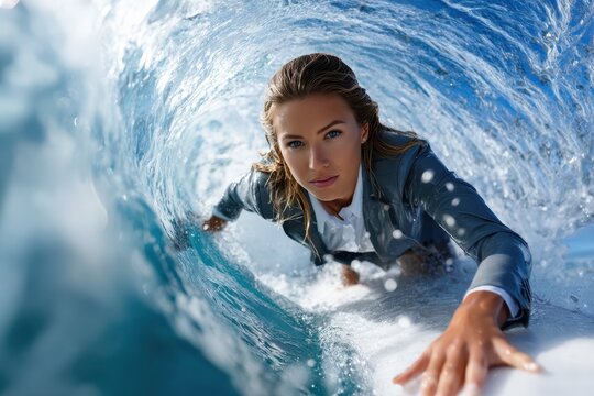 Surfer in a business suit riding a wave during a sunny day at the beach