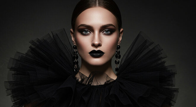 Elegant woman with bold makeup wearing black tulle dress on dark background  