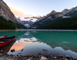 Serene dawn at mountain lake, canoes await