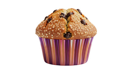 Single Chocolate Chip Muffin with a Striped Liner Isolated on a White Background

