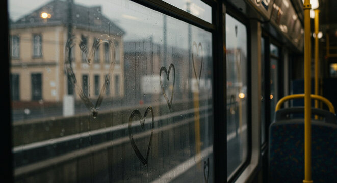 Rainy bus window with heart drawings and city view outside   - Powered by Adobe