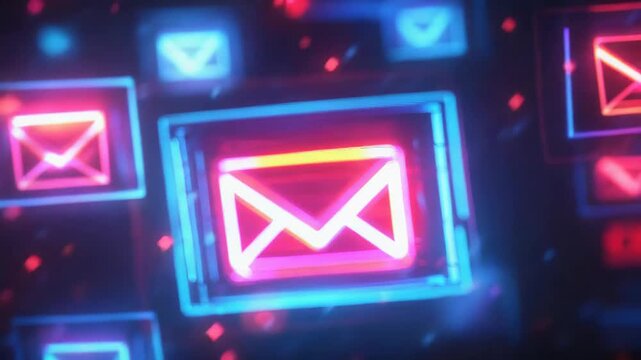 Neon mail icons floating in digital space representing online communication