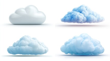 Four stylized cloud icons, two white and two light blue, rendered in 3D against a white background