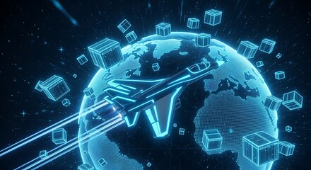 Futuristic Airplane Flying Around Digital Earth with Data Cubes, Global Technology Concept