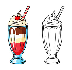 Colorful and Black and White Cartoon Illustration of a Layered Sundae with Cherry and Straw