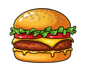 Cartoon Illustration of a Classic Hamburger with Fresh Ingredients