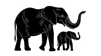 Obraz premium Elephant and calf silhouette on transparent background