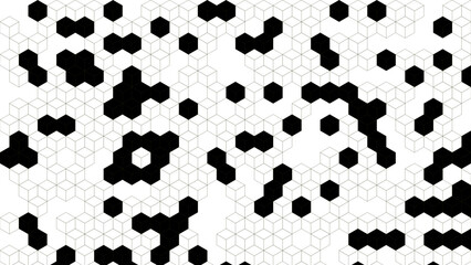 Abstract geometric pattern with black hexagons on a white background with subtle grid texture
