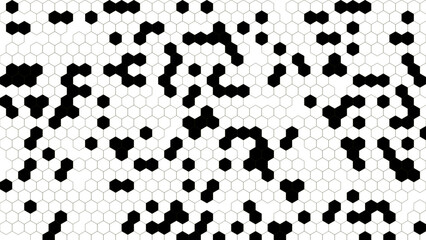 Abstract pattern of black hexagons scattered on a white hexagonal grid