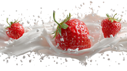 Vibrant red strawberries create a burst of flavor amidst a splash of creamy liquid delight against