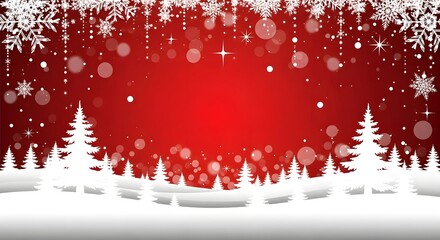 Christmas background with white trees and snowflakes on a red gradient, festive holiday design with bokeh effect