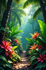 Lush tropical garden overflowing with vibrant foliage, exotic flowers, and lush greenery  Perfect for travel, vacation, and nature themes ,  palm trees,  nature