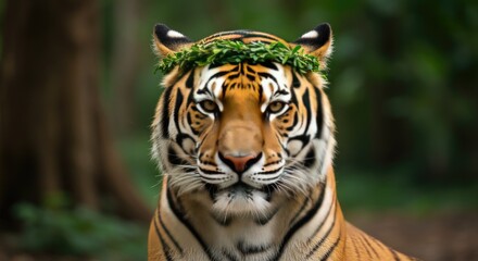 Fototapeta premium Majestic Tiger Portrait: A regal tiger gazes intently, adorned with a crown of lush green leaves amidst the blurred greens