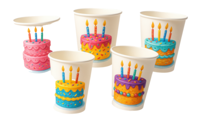 Paper cups with birthday cake illustrations
