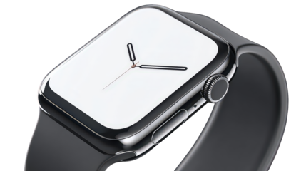 Silver Smartwatch with Black Band on Transparent Background