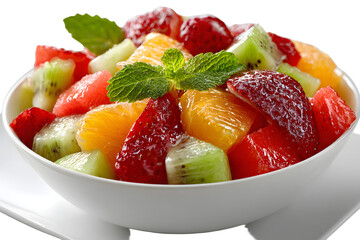 Mixed fruit salad in a white bowl on a white backgrond. PNG transparent.