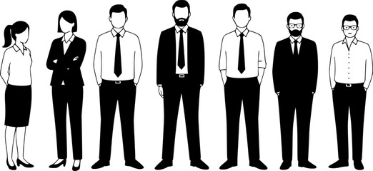 A diverse group of business professionals standing together in a line silhouette
