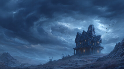 Haunted house on a hill with broken windows, bats flying under stormy sky. halloween horror, haunted house, spooky, eerie, scary, creepy, october, festive, haunted, dark, bats, sku