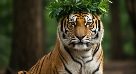 Majestic Tiger Portrait with Elegant Leaf Crown in Natural Habitat: Striking Beauty and Wild Charm of a Magnificent Animal