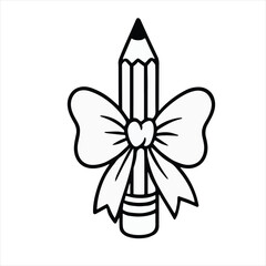 Minimal Line Art Pencil with Decorative Bow Tie – School and Teacher Symbol Vector Illustration