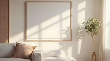 Large empty picture frame in the living room with morning light