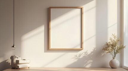 An empty picture frame in the middle of the table with morning light