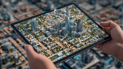 Digital architectural project displayed on a tablet showcasing modern urban design and detailed building models
