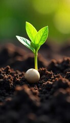 Close-up of a single seed nestled in rich, dark soil, ready for planting  Sunlight gently illuminates the tiny sprout's potential for growth and life ,  environment,  light,  stem