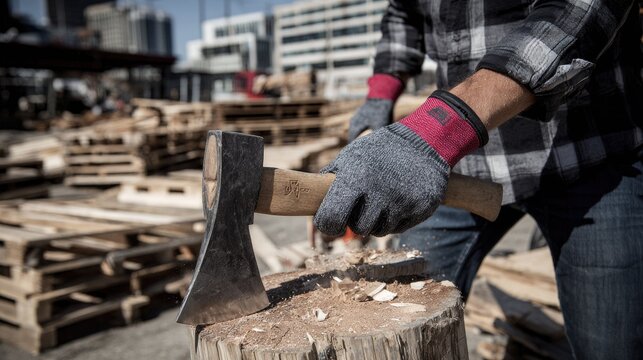 Person chopping wood with an axe and work gloves.