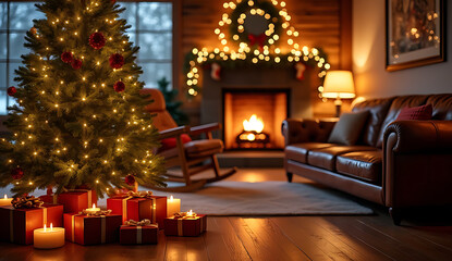 Christmas tree with fireplace, lights, 8k image