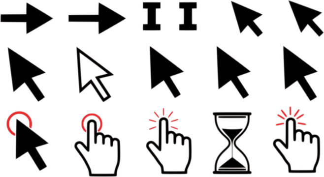 Collection of computer mouse pointer cursors in silhouette style with click effects
