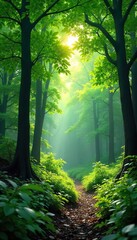 Fototapeta premium Lush green forest canopy, dappled sunlight filtering through leaves, creating a tranquil and serene atmosphere Perfect for nature, environmental, and travel themes , tranquil, natural beauty