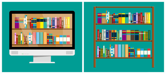 Computer monitor with virtual bookshelf. Digital library and online education concept. E-learning web school access for study.