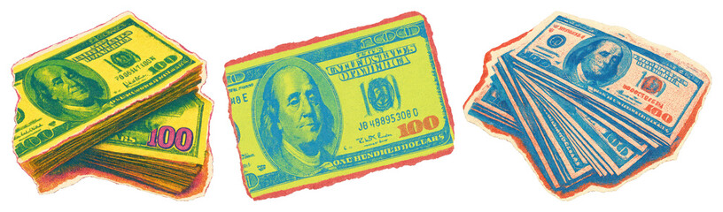 Fototapeta premium PNG Colorful illustrated dollar bills, element set on transparent background