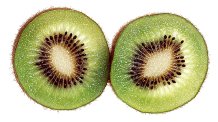 Two Slices of Sparkling Green Kiwi Fruit on Transparent Background