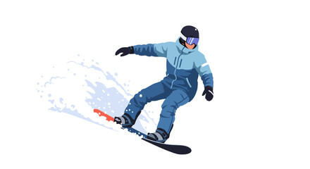 A snowboarder in a blue snowsuit carves down a snowy slope, spraying snow in their wake, against a white background.