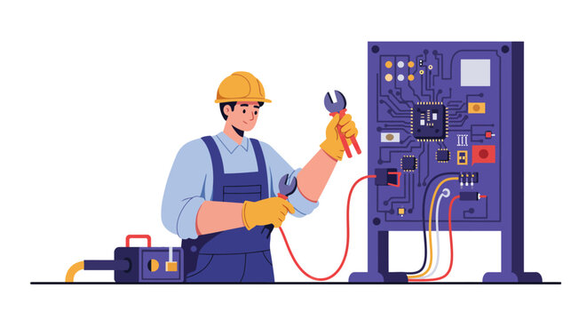 A skilled electrician in a yellow hard hat and blue overalls works on a complex electrical panel with wires and tools.