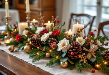 holiday table centerpiece with pine cones, dried flowers, wooden ornaments, golden accents, soft glowing lights, natural textures, luxurious christmas atmosphere, warm cozy festive charm