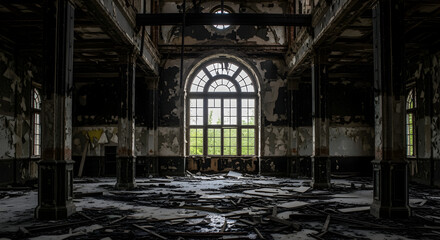 Desolate Interior of an Abandoned Building featuring Peeling Paint and Rust Columns