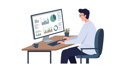 Man analyzing data charts on a large computer screen at his desk.