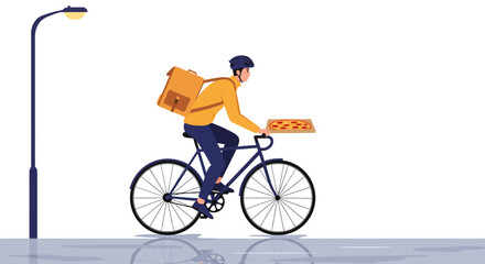 Fototapeta premium A male food delivery rider on a bicycle, carrying a large insulated bag and a pizza box, passing a street lamp.