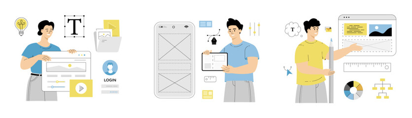 Website template design. Web page design for website and mobile website development. Designer doing research and prototype. Flat vector illustration isolated on white background.