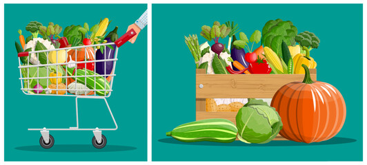 Shopping cart full of fresh harvest vegetables. Groceries bag with organic food. Healthy eating and market concept for food store.