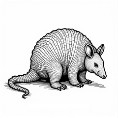Armadillo Illustration: A detailed monochrome illustration showcases an armadillo, emphasizing its unique scaled armor and capturing the creature's distinctive features in intricate lines.