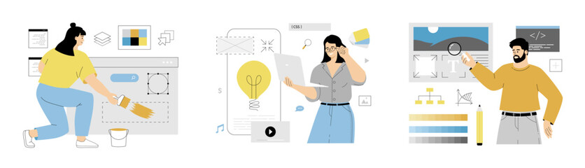 Web design, website building. User Interface. Creating digital graphic layout, wireframe, visual elements for mobile app, site. Flat vector illustration isolated on white background.