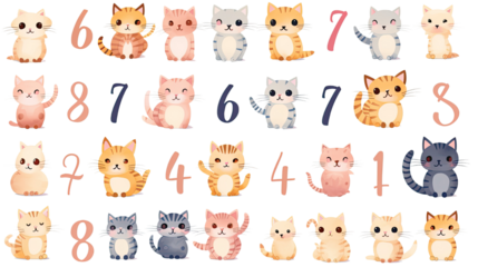 Cute cats shaped numbers cartoon style decorative design isolated on white background