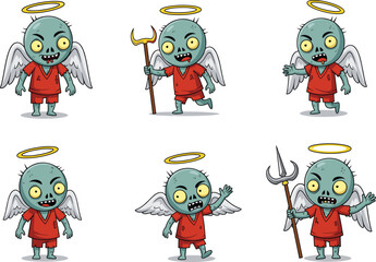 Cartoon zombie angel characters with halos, funny undead angels in red clothes, holding pitchforks, spooky Halloween angel illustrations