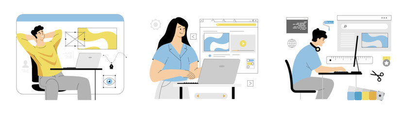 Web design, website layout, composition and color development. Interface and content design. UX, UI. Flat vector illustration isolated on white background.