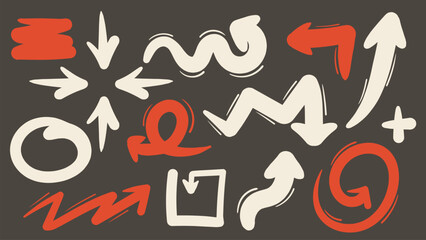 Set of white and red hand drawn arrows. Doodle arrows. Isolated vector illustration.